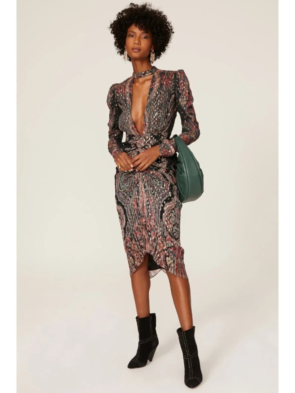 R-248. Rococo Sand Abstract Plunge Midi Dress